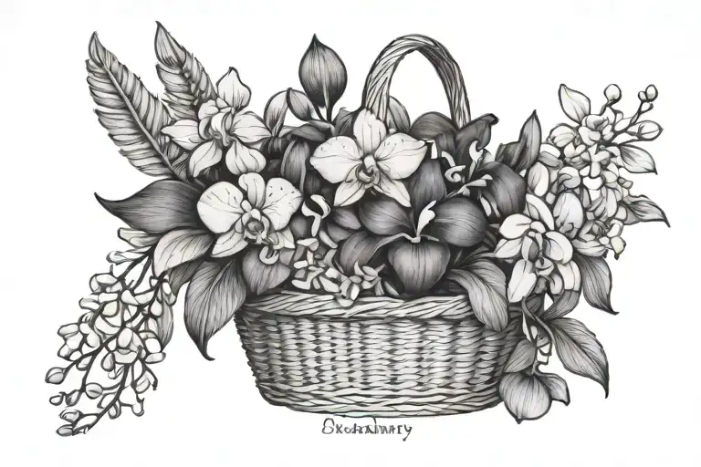 a basket bouquet with an iris, orchids, and plumerias with the words beauty builds strength underneath  tattoo design idea