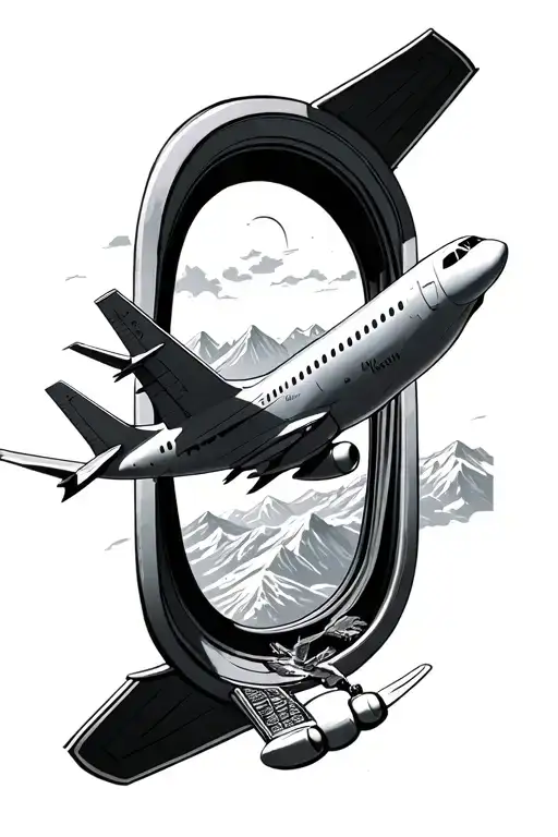 Airplane through plane window facing mountains tattoo design idea