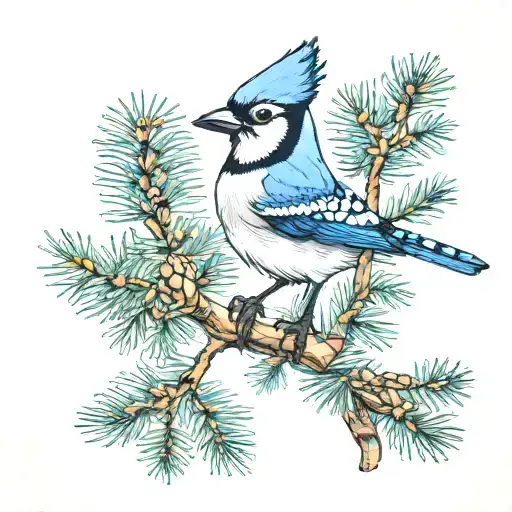 Blue jay with a branch of araucaria tattoo design idea