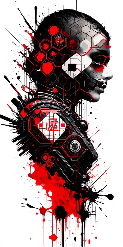 cyberpunk with hexagons, mechanical parts, and Japanese oni tattoo design idea
