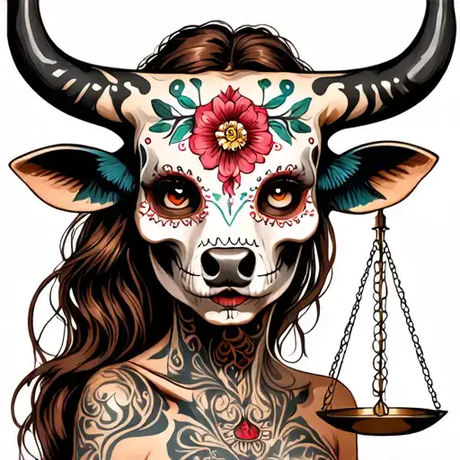 woman body bull with sugar skull markings, brown eyes, brown hair and two Libra scales with extra dark background tattoo design idea