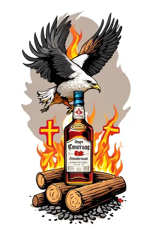 "Hope, Faith & Courage" fire... coals 3 Amsterdam crosses, 3 logs; bottle of maker's mark whisky, slotmachine, ponypak..., phoenix rising  tattoo design idea