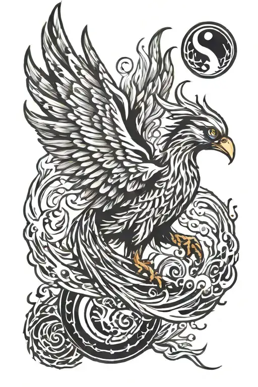 realistic phoenix bird in flames, holding a yin yang sign tattoo design idea