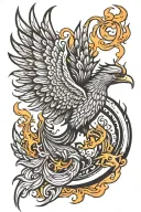 realistic phoenix bird in flames, holding a yin yang sign tattoo design idea