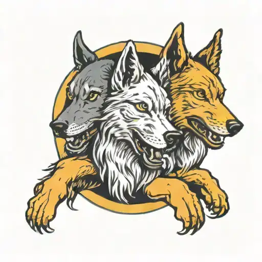 three headed dog holding the moon in its paws sitting . one head is happy. one head is angry. the other head is howling tattoo design idea