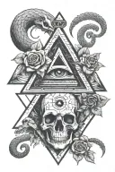 pyramid with eye roses intertwined skull snake   tattoo design idea