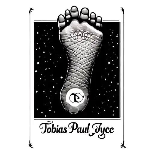 a footprint and a miracle symbol, Tobias Paul Joyce in script tattoo design idea