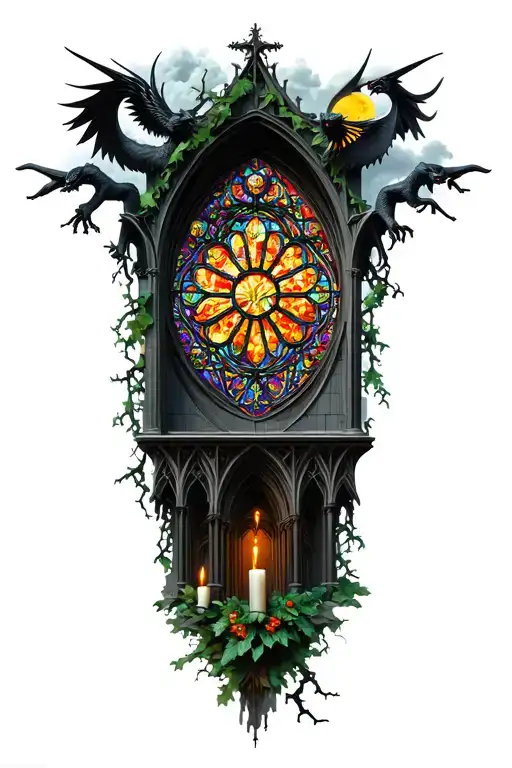 gothic cathedral with colored stained glass rose window, gargoyles, moon, vines, thorns, leaves, candles, and clouds tattoo design idea