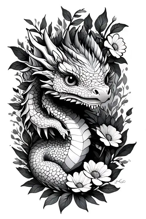 cute tiny dragon with flowers surrounding tattoo design idea