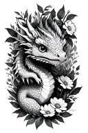 cute tiny dragon with flowers surrounding tattoo design idea