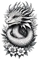 cute tiny dragon with flowers surrounding tattoo design idea