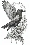 Imagine a flowing black and grey tattoo sleeve where a powerful raven is perched near the shoulder, its wings outstretch tattoo design idea