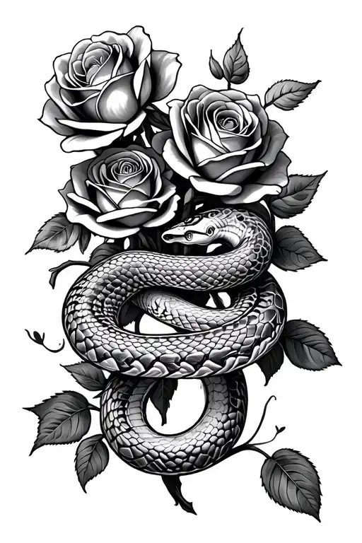 snake underneath multiple roses blooming. spine tattoo design. feminine. mental health tattoo design idea