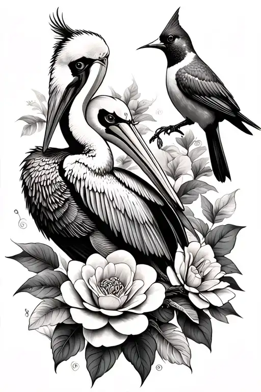 Pelican+cardinal+camelia+hummingbird tattoo design idea