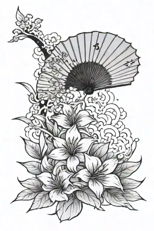 Floral outline with landscape. Black and white with one large Vietnamese fan on the side of the calf in red ink, Vietnam tattoo design idea