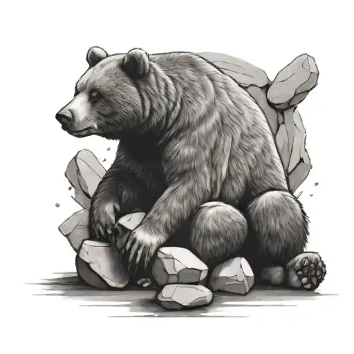 bear sitting down surrounded by three stones balanced tattoo design idea