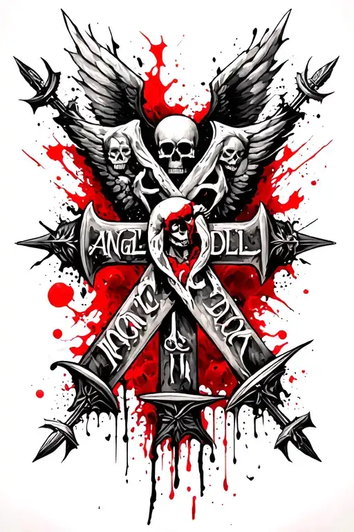 ANGEL DEVIL will be intertwined and will form a cross. Skulls will surround it and the letters will have spearheads and arrowheads at their tips. tattoo design idea