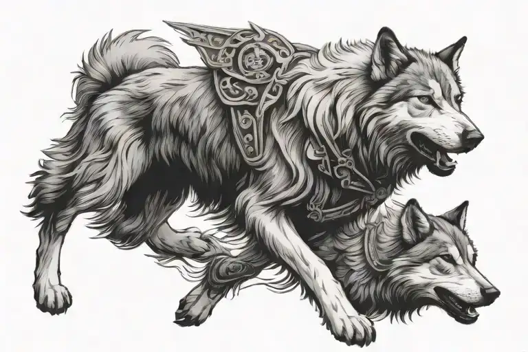 sheepdog protecting against wolf surrounded tattoo design idea