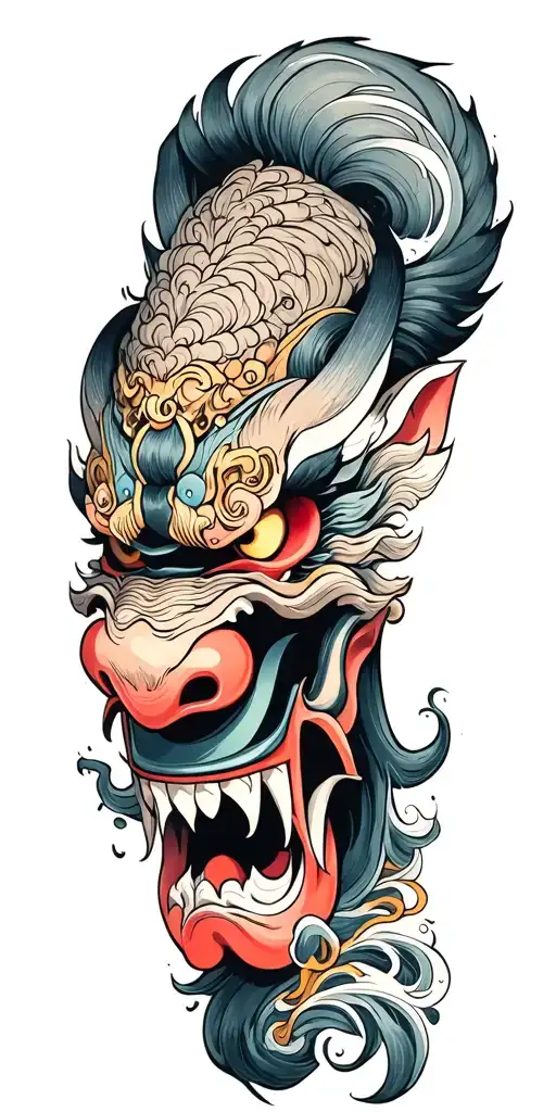 oni demon mask, finger waves crashing tattoo design idea