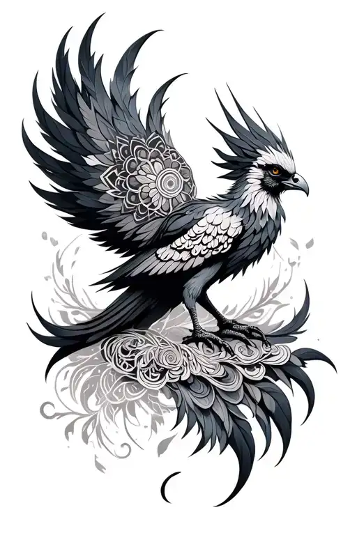 a phoenix with other designs such as mandalas tattoo design idea