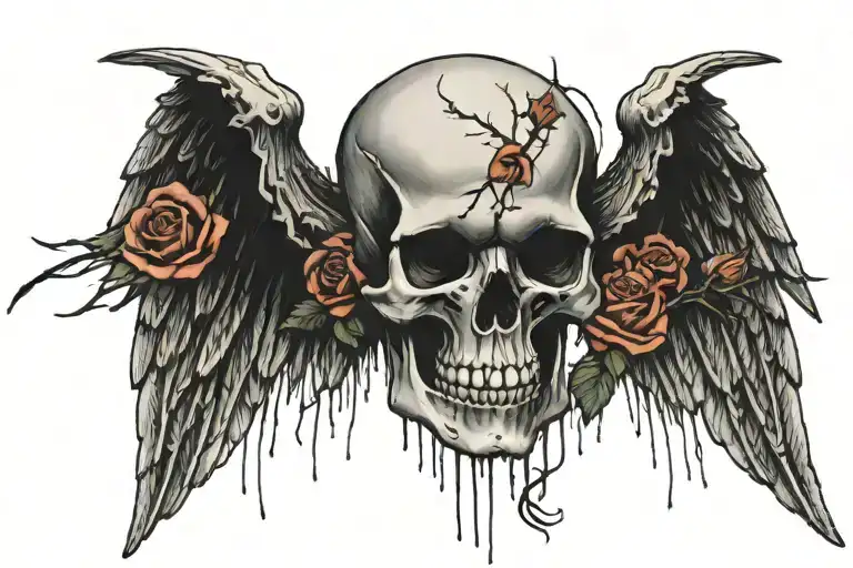 skull front view, roses on both sides, cobweb and barbedwire underneath, demon wing on one side angel wing on the other, tattoo design idea