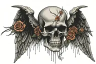 skull front view, roses on both sides, cobweb and barbedwire underneath, demon wing on one side angel wing on the other, tattoo design idea
