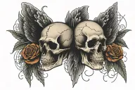 skull front view, roses on both sides, cobweb and barbedwire underneath, demon wing on one side angel wing on the other, tattoo design idea