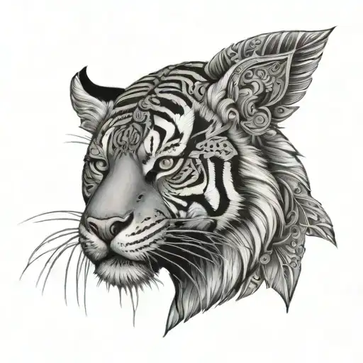 tiger front head tattoo holding over a sexy front head of a pretty Aztec warrior bitting her lips, on some bright SUNSHI tattoo design idea