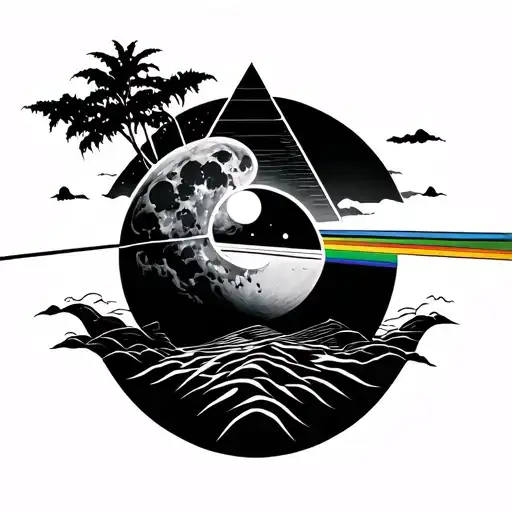 dark side of the moon minimalistic fine line tatto with Vietnamese theme tattoo design idea