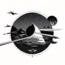 dark side of the moon minimalistic fine line tatto with Vietnamese theme tattoo design idea