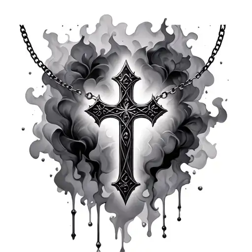 cross necklace surrounded by dark mist tattoo design idea