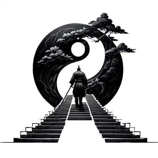 I imagine a lone samurai walking up a grand staircase that winds through the center line of a massive yin-yang symbol —  tattoo design idea