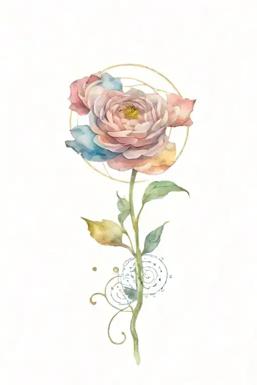 ranunculus flower no stem with the phases of the moon and metatrons cube  tattoo design idea