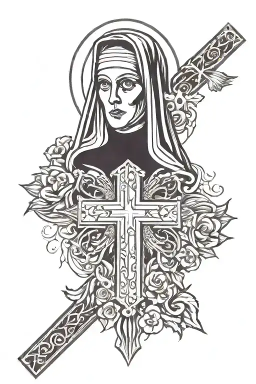 nun and cross tattoo design idea