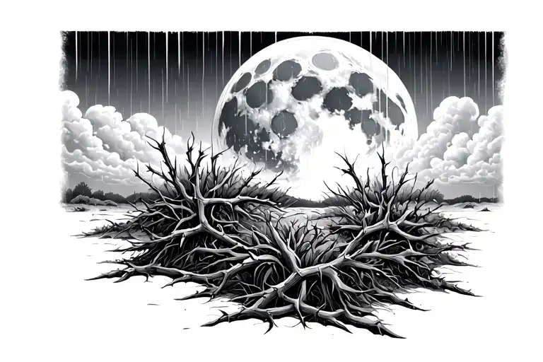 lonly bush of thorn in the desert ,moon behind cloud heavy rain tattoo design idea