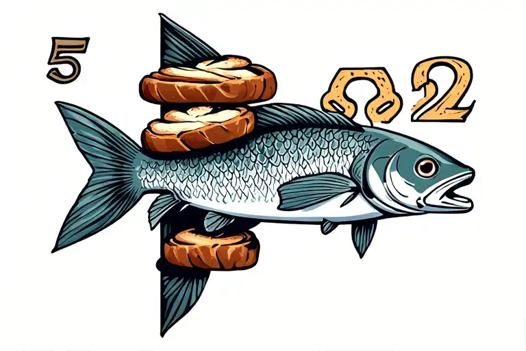 loaves and fish stacked into a cross. include the hebrew symbols for 5 and 2 tattoo design idea