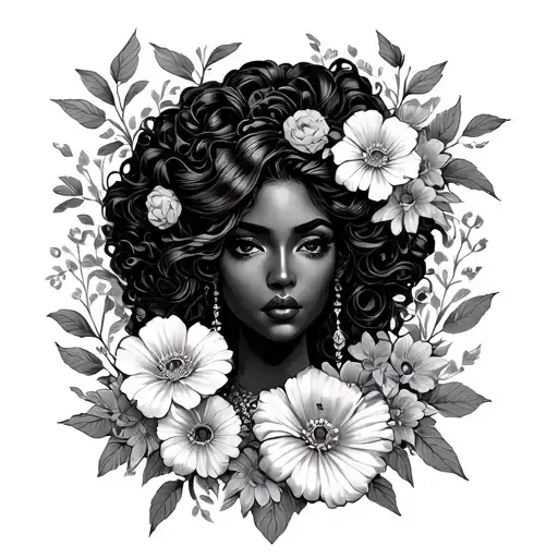 black queen surrounded by vibrant flowers tattoo design idea