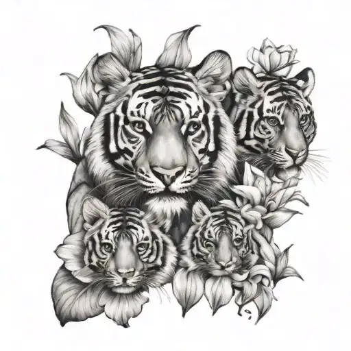 Mother tiger with 2 tiger cubs surrounded by lily flowers tattoo design idea