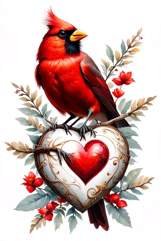 red cardinal holding heart surrounded tattoo design idea