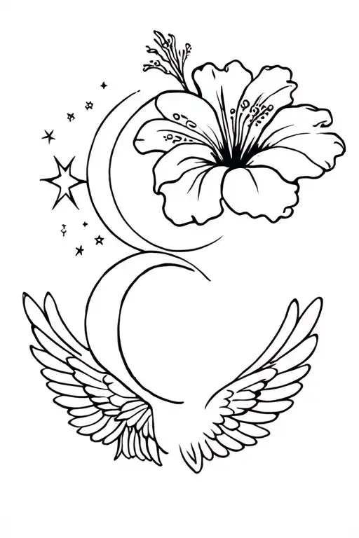 a lily flower & a hibiscus flower at the top, cresent moon & stars, simple wings with halo at bottom #831 tattoo design idea