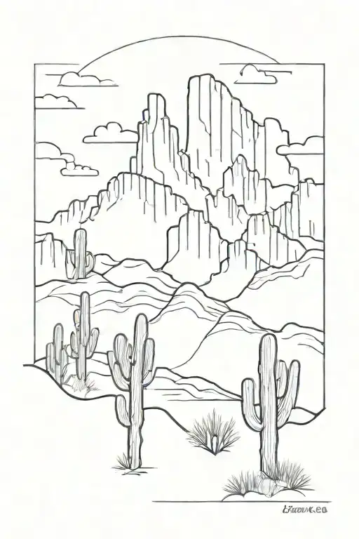 superstition mountain range and saguaro cactus tattoo design idea