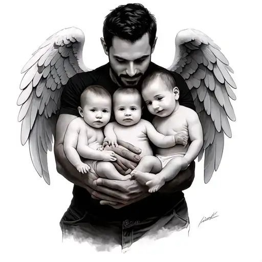dad holding 3 babies and the middle one has angel wings tattoo design idea