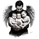 dad holding 3 babies and the middle one has angel wings tattoo design idea