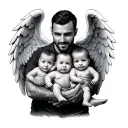 dad holding 3 babies and the middle one has angel wings tattoo design idea