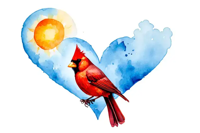 Red cardinal in sky blue heart with sun in corner tattoo design idea