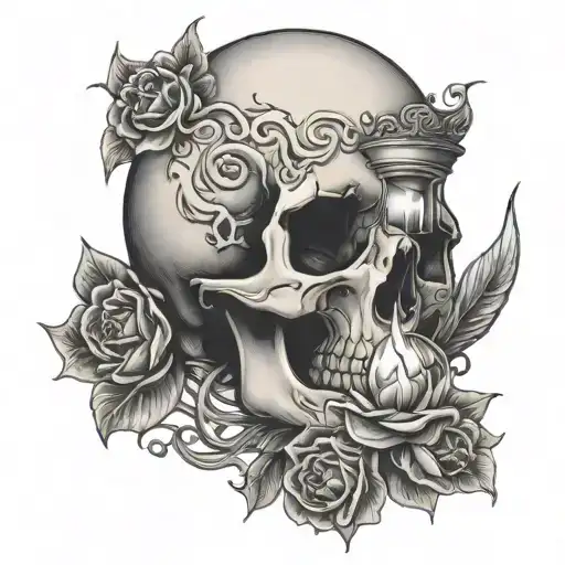A tattoo featuring traditional memento mori imagery like a skull, an hourglass, or a candle burning down, with the phras tattoo design idea