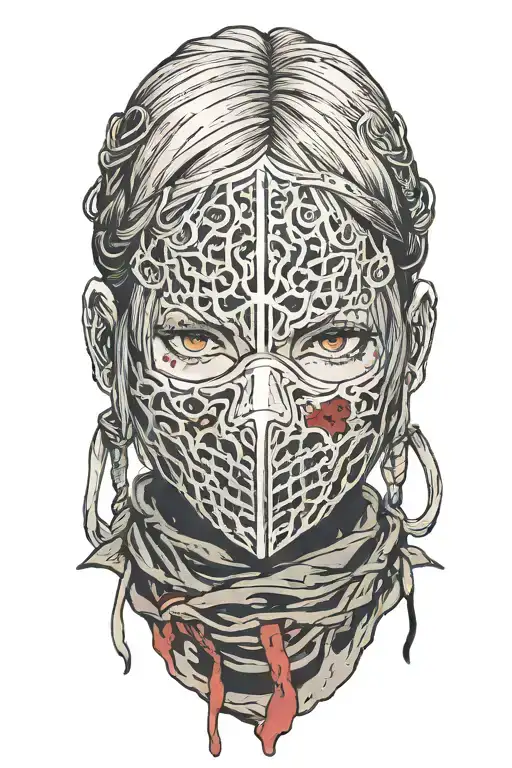 Dark Souls with hair with pigtails with blood on face head mask Shoulder portrait tattoo design idea