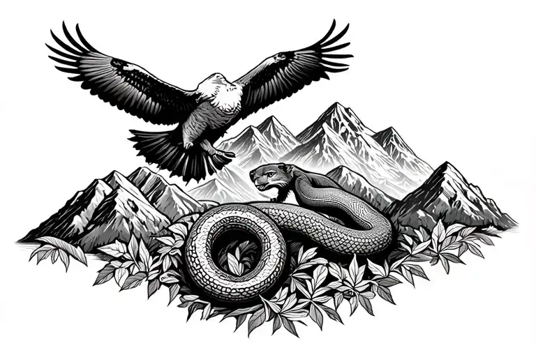 mountain range with coca leaves and a condor and a mountain lion climbing and a snake use pachamama spiral tattoo design idea