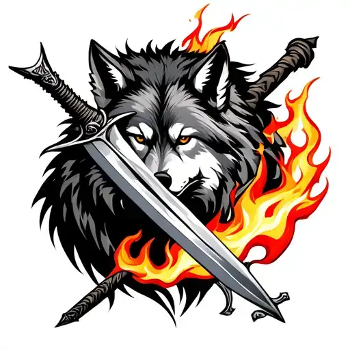 Wolf Behind A Sword With Tail Wrapped Around It With Fire Tattoo tattoo design idea