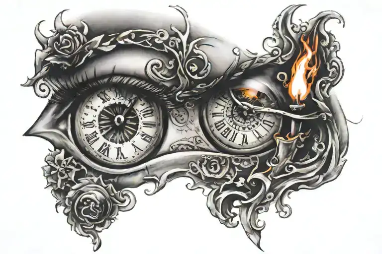 eye with a clock and a burning candle burning tattoo design idea
